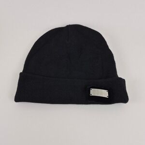 Team Wang Design Black Knit Beanie Metal Logo Plaque Wool Blend Streetwear Hat